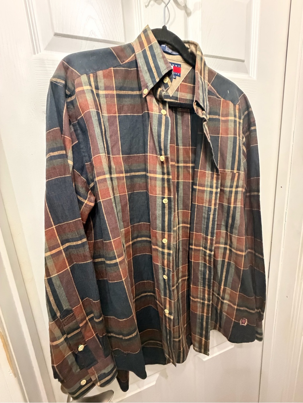 Vintage Tommy Hilfiger Men's Plaid Button-Up Shirt in Navy and Brown